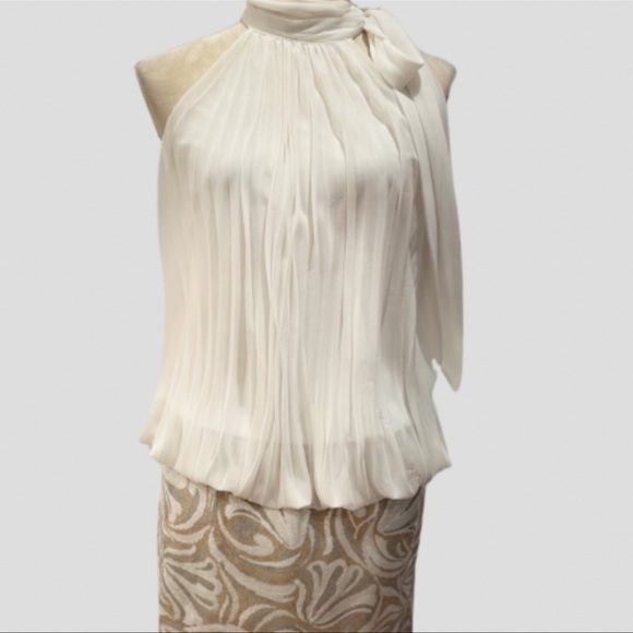 Cache Cream Chiffon Pleated Tie Neck Mini Party Dress with Sequins Print Skirt - Picture 4 of 8